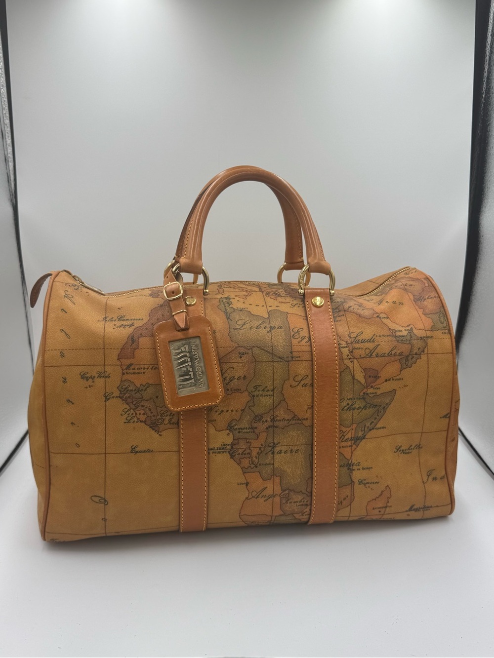 Alviero Martini Map-Print Leather Duffel Weekender w/ Luggage Tag & Lock 2 Keys